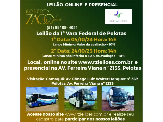 Leilão de Ônibus e Veículos da 1ª Vara Federal de Pelotas
